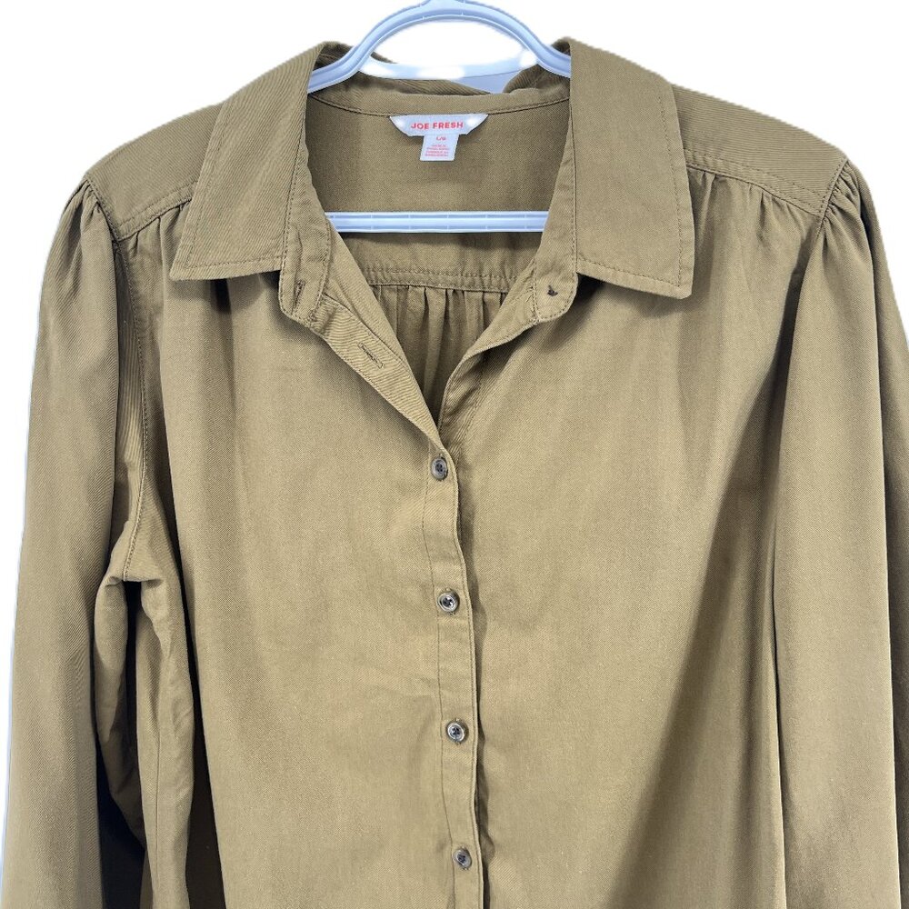 Joe Fresh Size L Cotton Blend khaki Button-Up Shirt Coastal Grandmother, Normcor